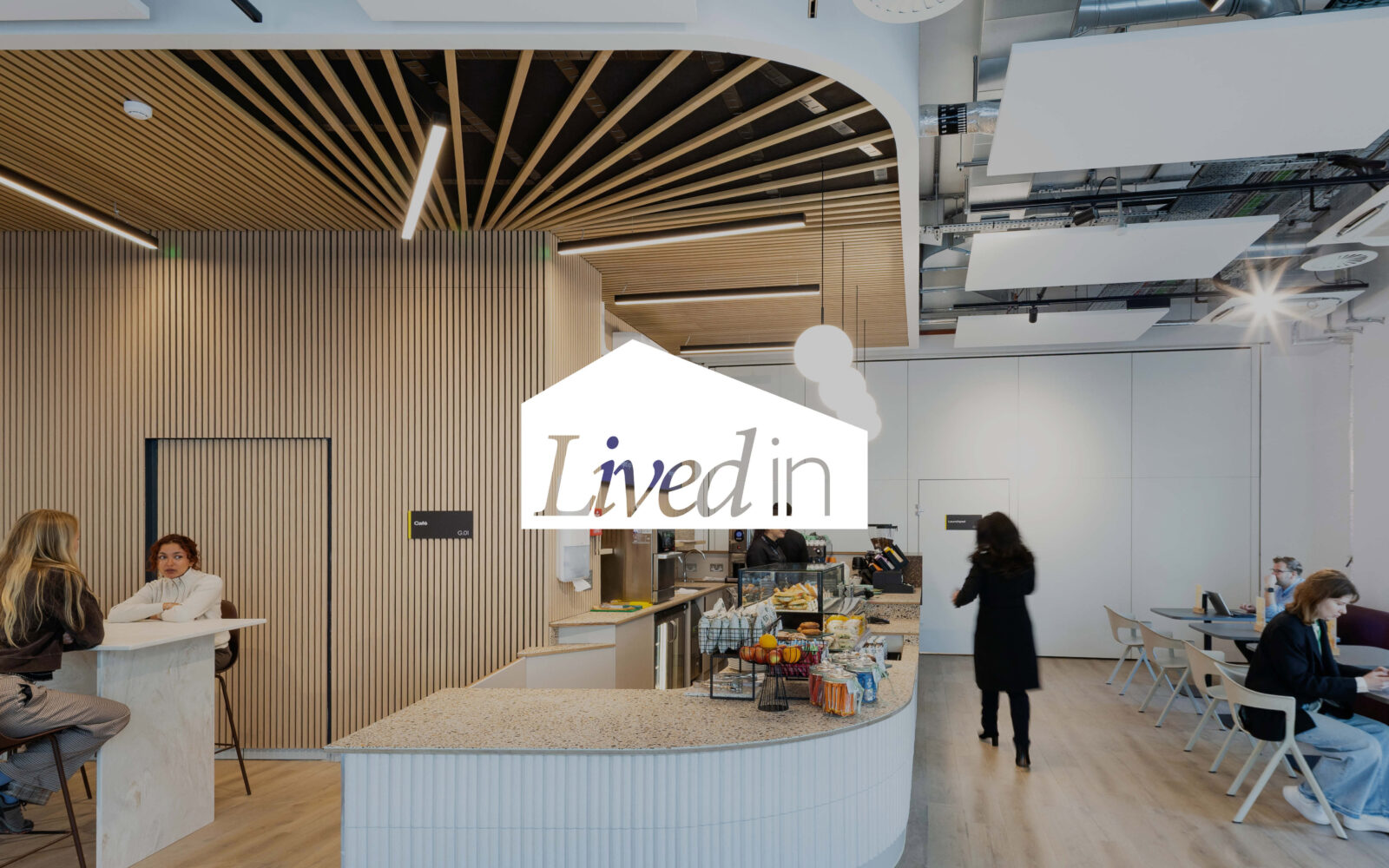 Cafe space at Zone29 with the LivedIn campaign logo